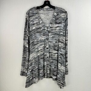LOGO Lori Goldstein Cardigan Women S Gray‎ White Button Long Sleeve Asymmetrical